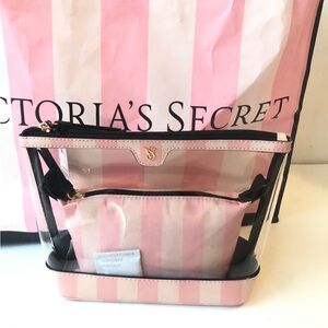 Victoria’s Secret Pink Striped Transparent Women's 2 piece Makeup bag Set NWT